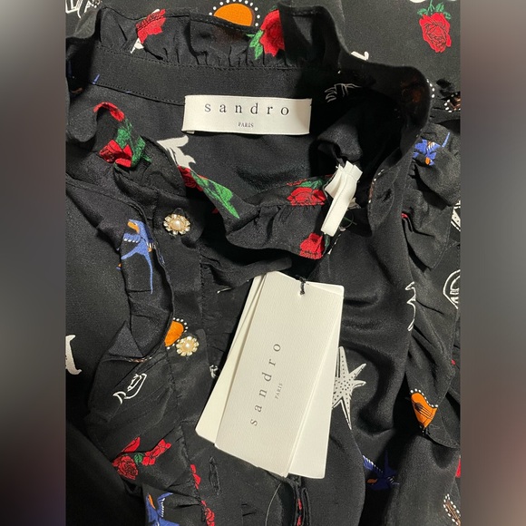 Sandro Wendy Tattoo Print Dress Silk Ruffle Trim Aline Side Zipper Size 2 $495 - Picture 11 of 11